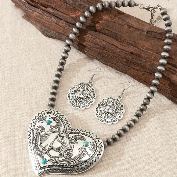 3pcs/set Rodeo Western Heart Shape Horse Head Pattern Pendant Earrings Necklace - Picture 2 of 4